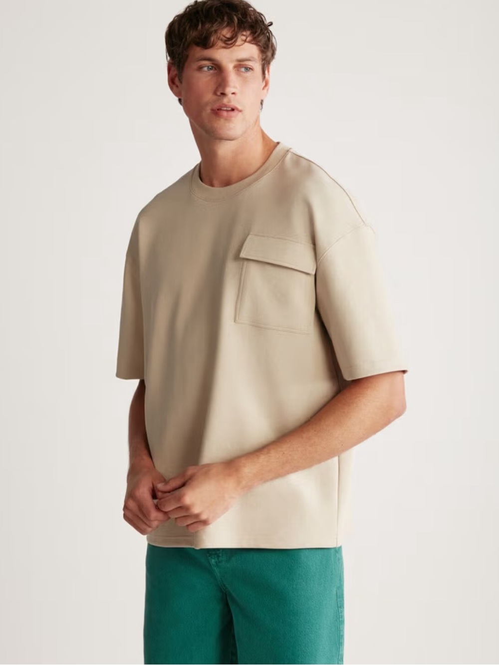 NWT. Zara Man Beige Thick Special Textured Fabric T-Shirt with Pocket. Size L.